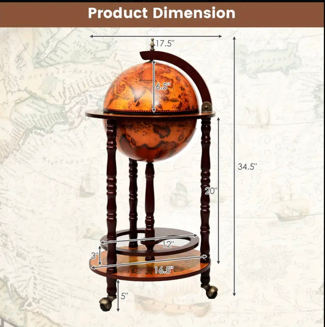 Antique Globe Bar Cart with Wine Storage - Elegant Vintage Decor