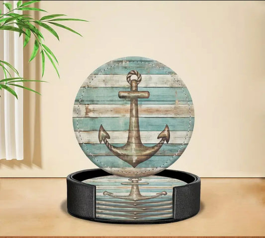 Rustic Nautical Anchor Coasters – Set of 6 with Holder